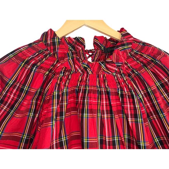 J. Crew Red Plaid Smocked Tie-Back Top Size Medium 100% Cotton - Picture 2 of 7